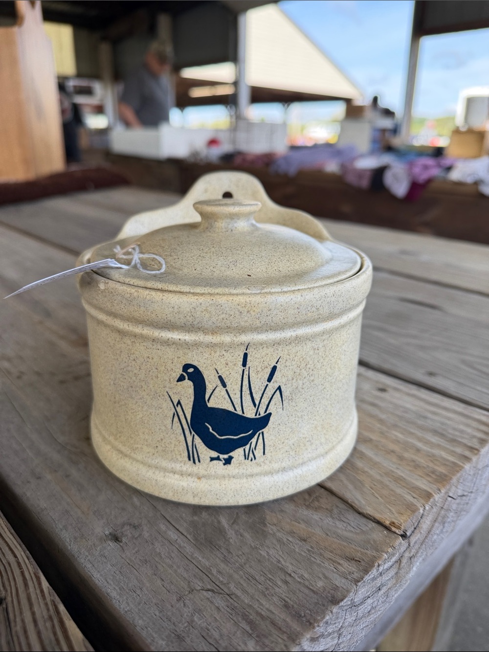 Stoneware Covered Canister with Blue Duck Motif